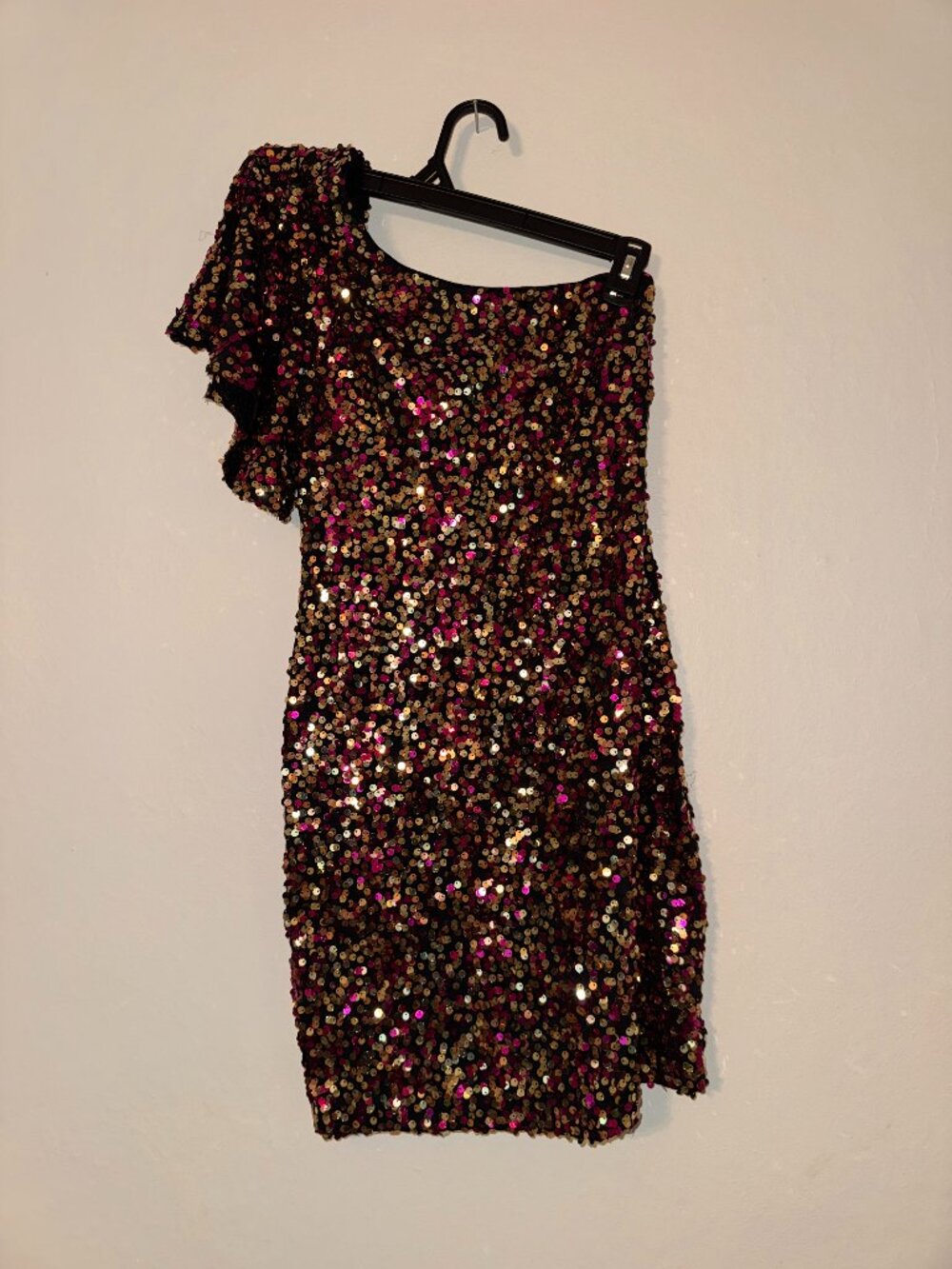 Multi Color Sequin One Shoulder Ruffle Sleeve Mini Dress Gold Pink